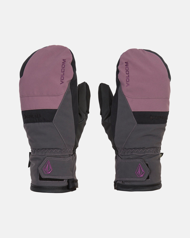 A pair of Volcom Men’s Stay Dry Gore-Tex Mitts in purple and gray with black accents and Velcro wrist straps, displayed on a white background showing both the top and palm sides. These waterproof mittens are designed to keep your hands warm and dry in harsh winter conditions.
