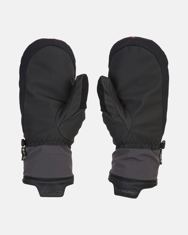 A pair of Volcom Men’s Stay Dry Gore-Tex Mitts in black and dark gray with reinforced cuffs, shown palm-down on a white background.