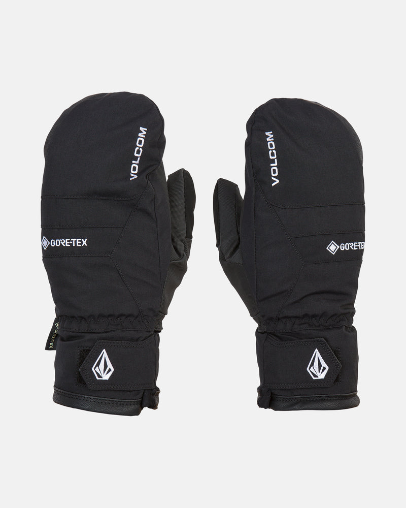 A pair of Men’s Stay Dry Gore-Tex Mitts by Volcom, featuring black insulated construction with white brand logos on the back and cuffs, designed for cold weather or snow activities, displayed on a plain white background.