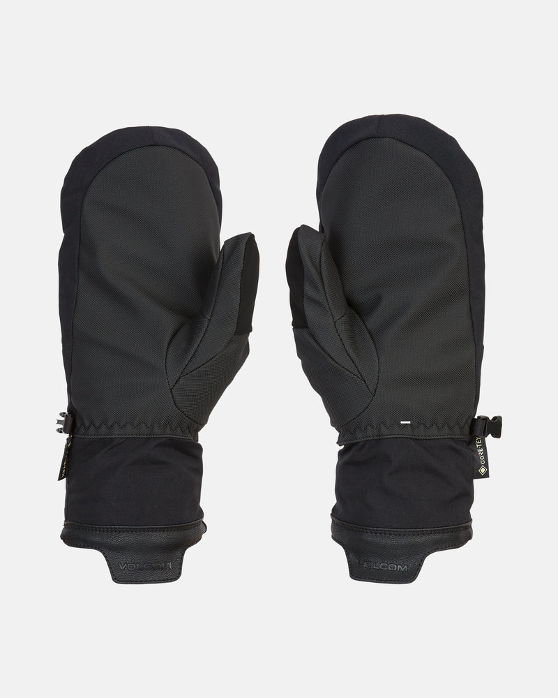 A pair of Volcom Men’s Stay Dry Gore-Tex Mitts in black, featuring adjustable wrist straps, displayed against a white background.