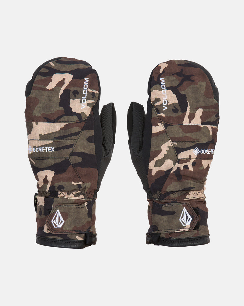 A pair of Men’s Stay Dry Gore-Tex Mitts by Volcom, featuring a camouflage pattern with black accents, Volcom branding, and adjustable wrist straps; these waterproof mittens are shown on a white background.