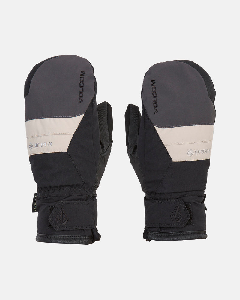 A pair of Men’s Stay Dry Gore-Tex Mitts by Volcom, in black and gray with a subtle diagonal stripe and adjustable wrist straps, are shown against a white background. These insulated mitts provide dependable waterproof protection for cold weather conditions.