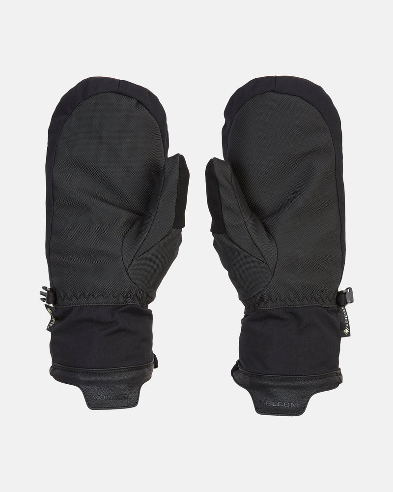 A pair of Volcom Men’s Stay Dry Gore-Tex Mitts in black, featuring a textured finish, elastic wrists, and adjustable straps, displayed palm down on a white background.