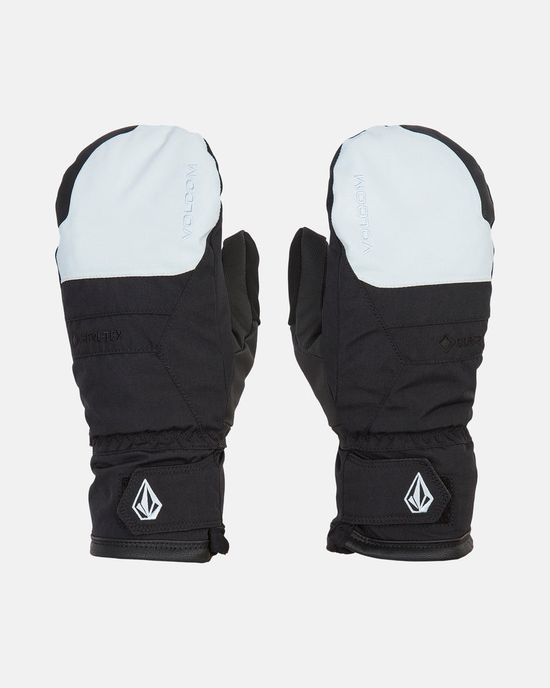 A pair of Volcom Men’s Stay Dry Gore-Tex Mitts in black and light gray, featuring GORE-TEX material and a logo patch near the wrists, displayed against a white background.