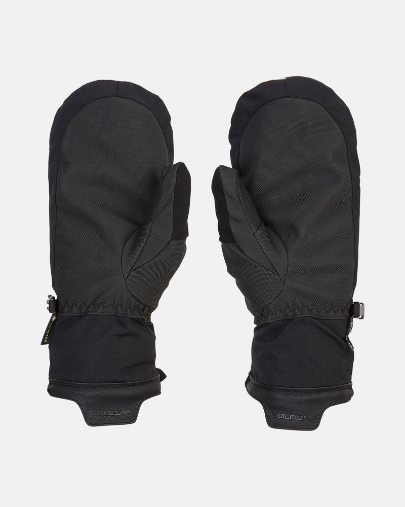 A pair of black Volcom Men’s Stay Dry Gore-Tex Mitts, displayed on a white background, featuring wrist straps, an insulated build with a thumb compartment, and a simple, functional design.