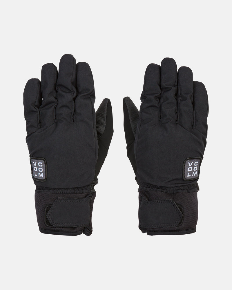 A pair of Men’s V.Co Nyle Gloves by Volcom in black, shown palm down. Each glove features a rectangular Volcom logo patch on the back of the hand, adjustable wrist straps, and provides a durable grip for enhanced control in cold conditions.