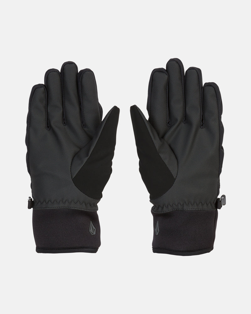 A pair of Volcom Men’s V.Co Nyle Gloves in black, featuring reinforced palms and cuffs for durable grip, displayed flat with the palms facing forward on a plain white background.