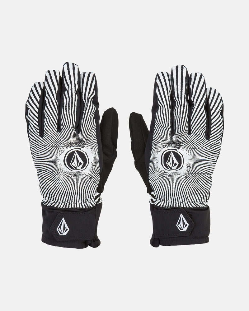 A pair of Volcom Men’s V.Co Nyle Gloves in black and white, featuring a radiating line pattern and a geometric logo on the back of each hand and wrist, with Thinsulate insulation for added warmth, displayed palms down against a white background.