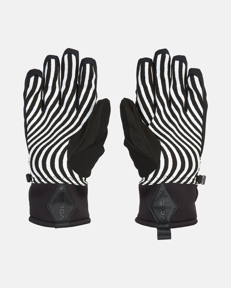 Experience warmth and weather protection with the Volcom Men’s V.Co Nyle Gloves—featuring bold white wavy stripes, black palms, and adjustable wrist straps. Displayed on a white background, these gloves include a waterproof insert and Thinsulate insulation to ensure your hands stay dry and comfortable in any conditions.