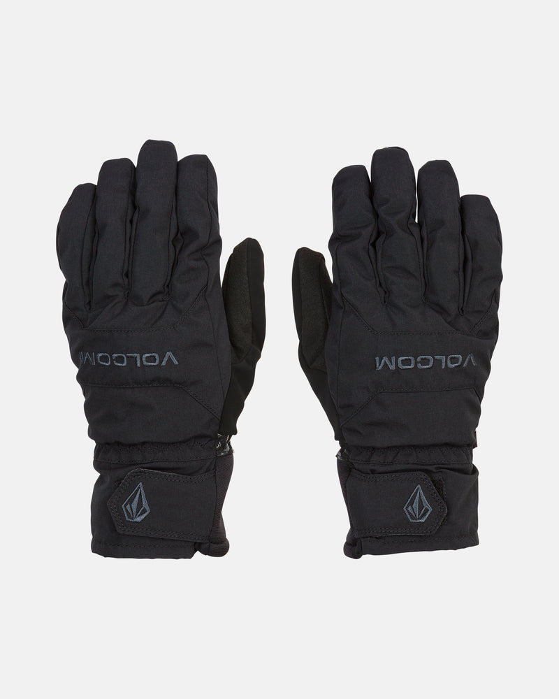 A pair of black Volcom Men’s V.Co Nyle Gloves are laid flat on a white background, palms down, with the Volcom brand name and logo visible on the back of each glove. Designed specifically for men, these waterproof gloves feature Thinsulate insulation to keep your hands warm and protected in cold weather.