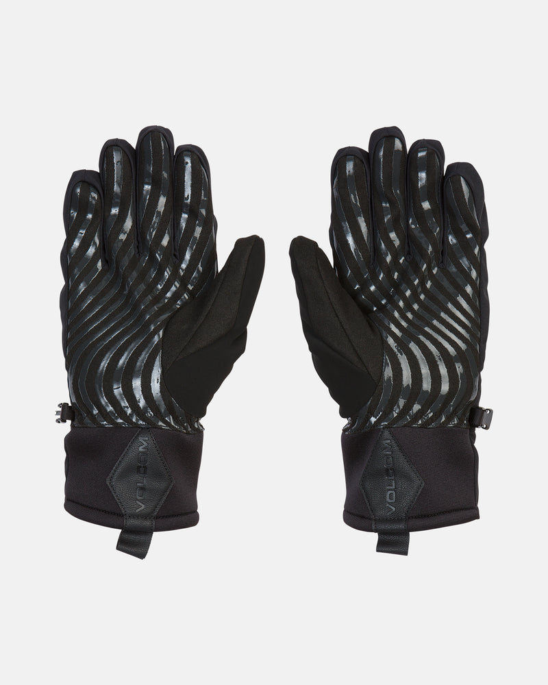 A pair of Volcom Men’s V.Co Nyle Gloves in black, featuring diagonal gray stripes on the top side, textured gripping surfaces, and adjustable wrist straps. These waterproof gloves are displayed palm up and palm down against a plain white background.