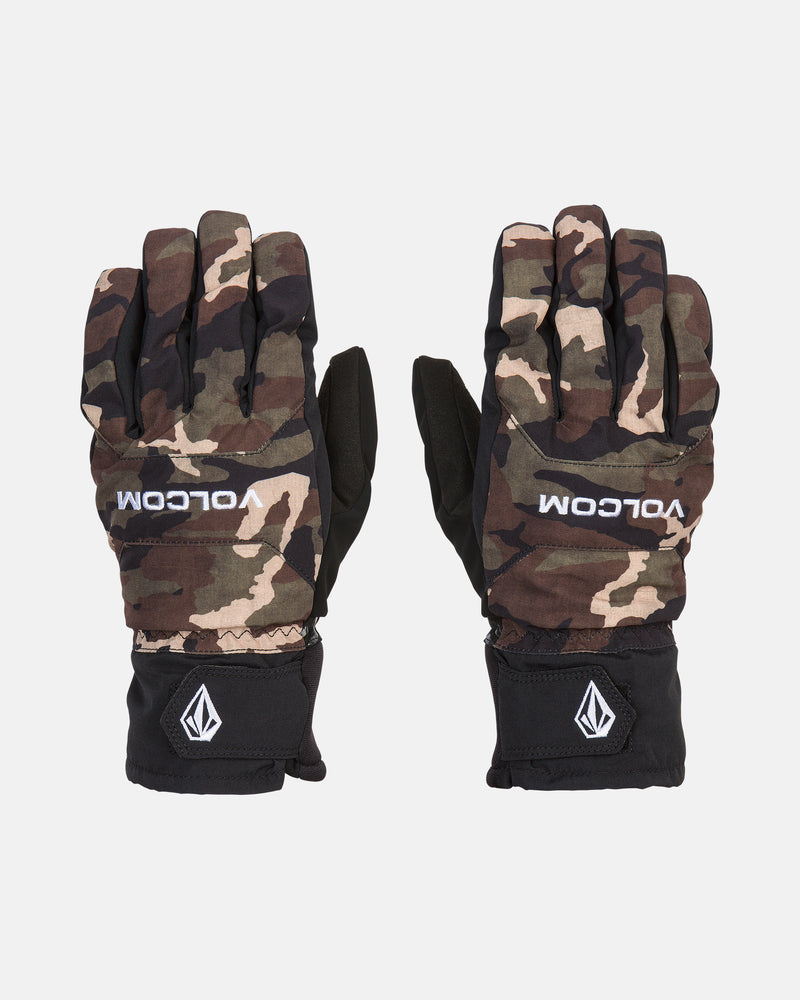 Two camouflage-patterned Volcom Men’s V.Co Nyle Gloves with black cuffs are laid flat, palms down. Made from recycled materials, each glove displays the white “VOLCOM” branding on the back and a small geometric logo on each cuff.