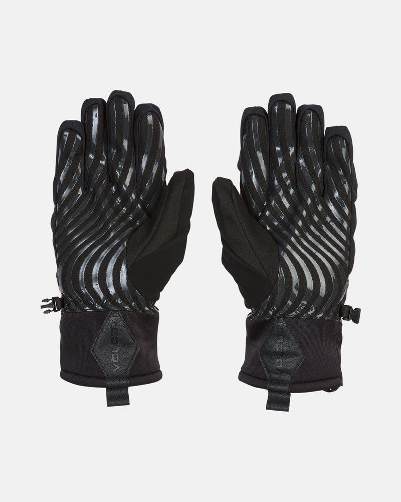 A pair of black Volcom Men’s V.Co Nyle Gloves with diagonal silver stripes, displayed palms down on a white background. These waterproof gloves feature wrist straps, Thinsulate insulation for added warmth, and a diamond-shaped Volcom logo near the cuffs.