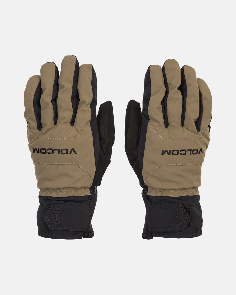 A pair of Volcom Men’s V.Co Nyle Gloves in brown and black, featuring the VOLCOM logo in black lettering on the back, designed with waterproof construction and Thinsulate insulation for warmth, are displayed palms-down against a white background.