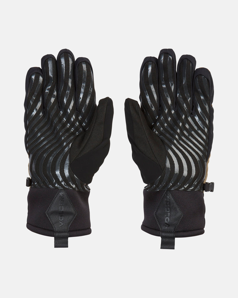 A pair of Volcom Men’s V.Co Nyle Gloves made from recycled materials, featuring black fabric with gray diagonal stripes on the palms, is displayed from both the front and back, laid flat against a white background.