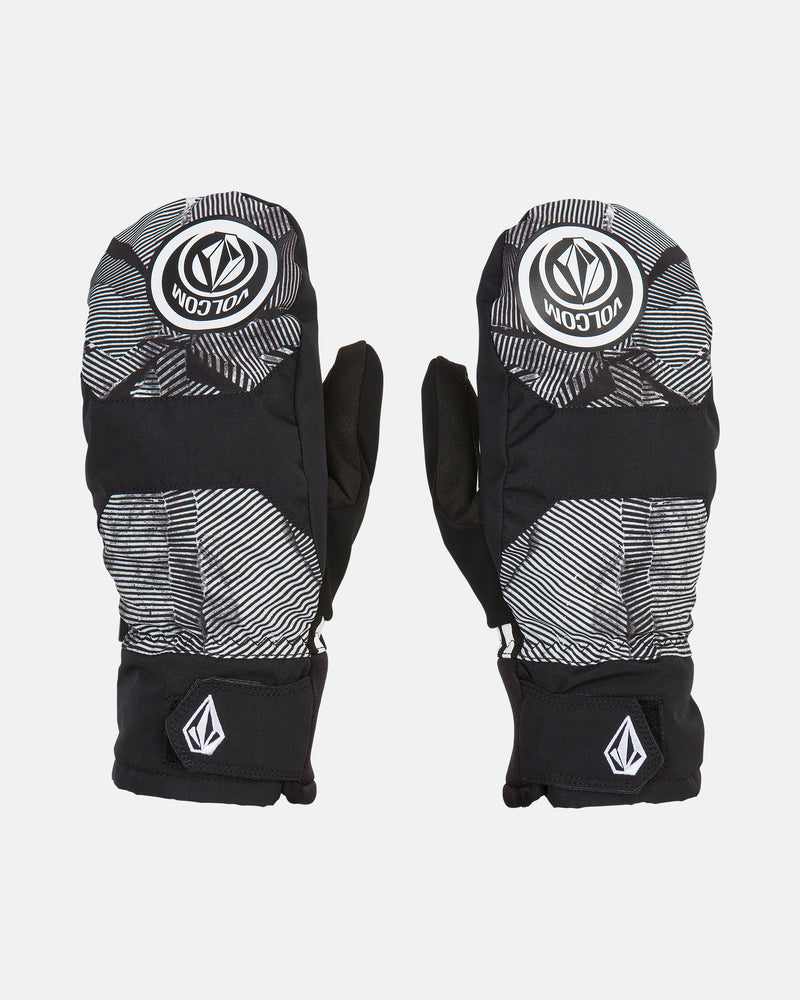 A pair of Volcom Men’s V.Co Nyle Mitts in black and white, showcasing geometric patterns and the Volcom logo on the back and wrist, with a waterproof insert and Thinsulate insulation, displayed on a white background.