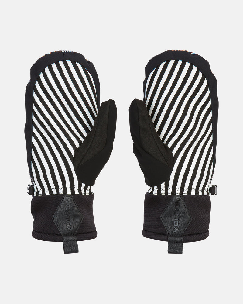 A pair of Volcom Men’s V.Co Nyle Mitts, featuring black and white stripes with black palms and cuffs, displayed against a white background. These mitts include a waterproof insert for added protection and Thinsulate insulation to keep your hands warm.