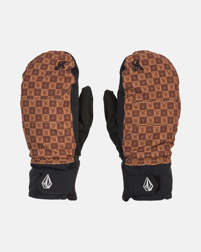 Introducing the Men’s V.Co Nyle Mitts by Volcom, these brown and black waterproof mittens feature a patterned top with a repeating VS logo and a solid black palm. The cuffs are accented with a black patch displaying a white geometric Volcom emblem, delivering both style and reliable functionality for cold weather.
