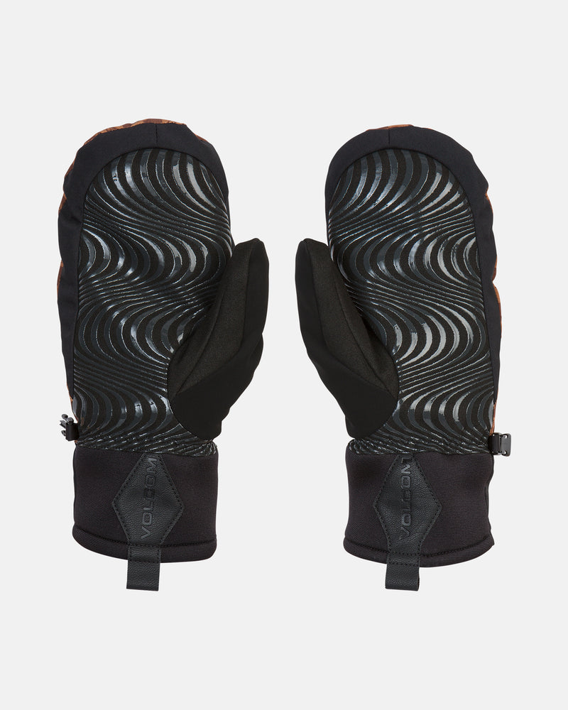 The Men’s V.Co Nyle Mitts by Volcom are black, waterproof mittens featuring textured, wavy gray grip patterns on the palms. Designed for men, these mitts include fabric loops and a small buckle for clipping them together. The product is shown against a white background.