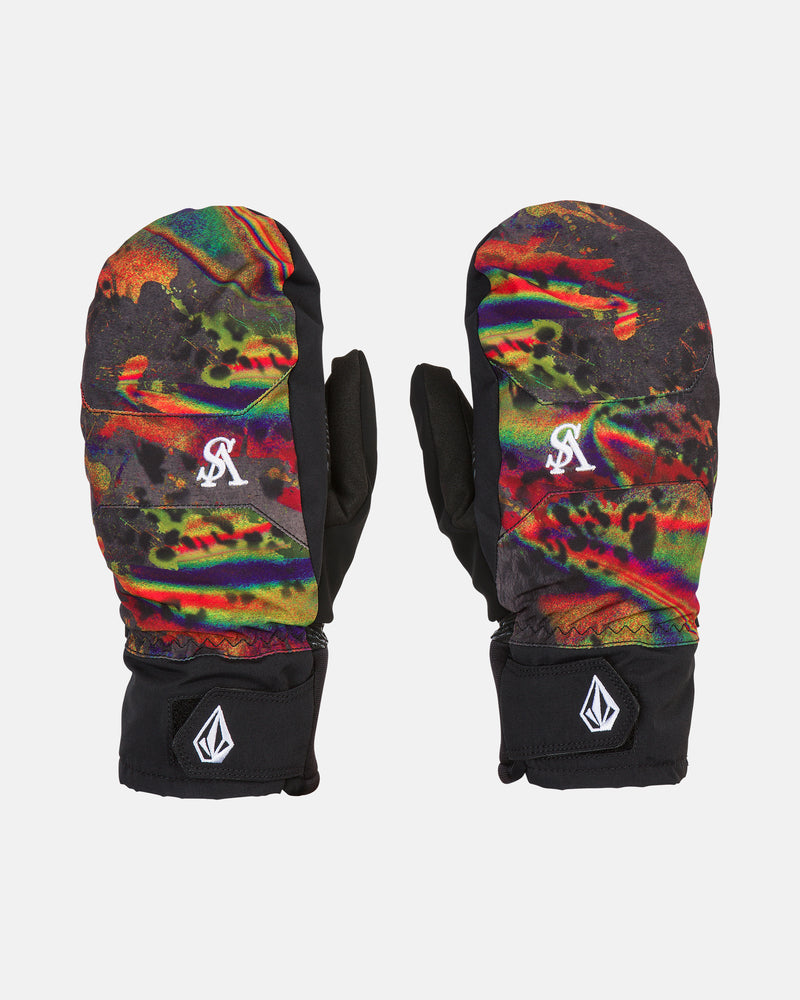 Volcom Men’s V.Co Nyle Mitts feature abstract rainbow patterns, black wrists, and white logo patches on the cuffs. These waterproof mitts are insulated with Thinsulate for warmth and are shown on a white background.