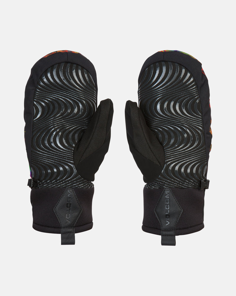 Introducing the Volcom Men’s V.Co Nyle Mitts: a black pair of men’s mitts designed with a distinctive wavy silver pattern on the palms, complemented by black fabric on the thumbs and VOLCOM branding on the cuffs. Featuring Thinsulate insulation for superior warmth, these waterproof mitts are shown palm-side up against a white background.