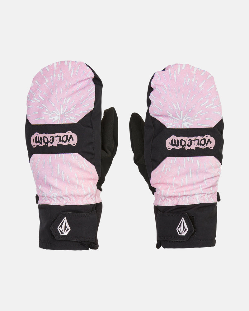 A pair of Men’s V.Co Nyle Mitts by Volcom, these pink and black waterproof mitts feature white abstract designs and Volcom logos on the top and cuffs, plus Thinsulate glove insulation for extra warmth—all shown on a white background.