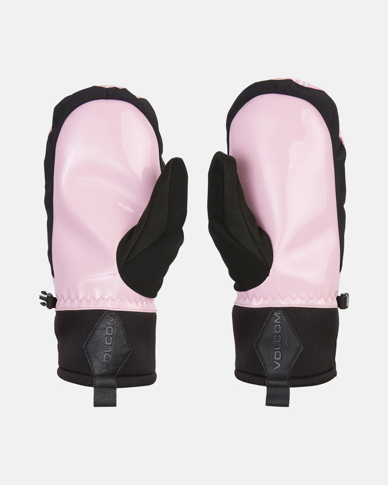 A pair of Volcom Men’s V.Co Nyle Mitts in pink and black, featuring black thumbs and cuffs, is displayed palm-down on a white background.