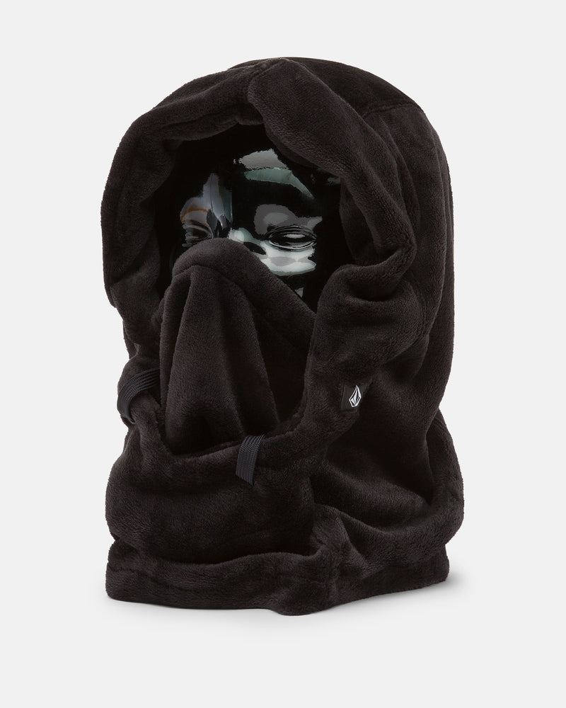 A black mannequin head wears the Volcom Women’s Dang Hood—a thick, black fleece hood face mask made of soft, plush fabric that covers the entire head and most of the face except for the eyes, making it perfect as a neck warmer for cold weather.