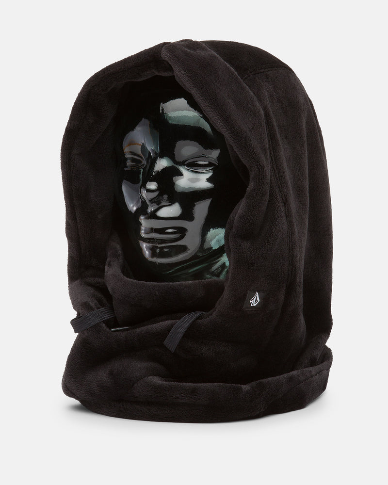 A shiny black mannequin head displays the Volcom Women’s Dang Hood—a plush black fleece hooded balaclava with drawstrings and a small embroidered logo on the side, designed as a neck warmer for cold weather—set against a plain white background.
