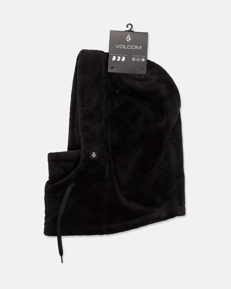 A black Volcom Women’s Dang Hood fleece balaclava, designed as the perfect neck warmer for cold weather, features an adjustable drawstring and has the product tag attached at the top, displayed against a white background.