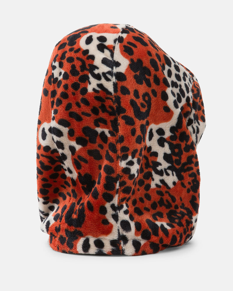 The Women’s Dang Hood by Volcom is a soft, plush hat with a bold orange, black, and white leopard print pattern and fleece hood styling for extra cold weather comfort, photographed from the back against a plain white background.