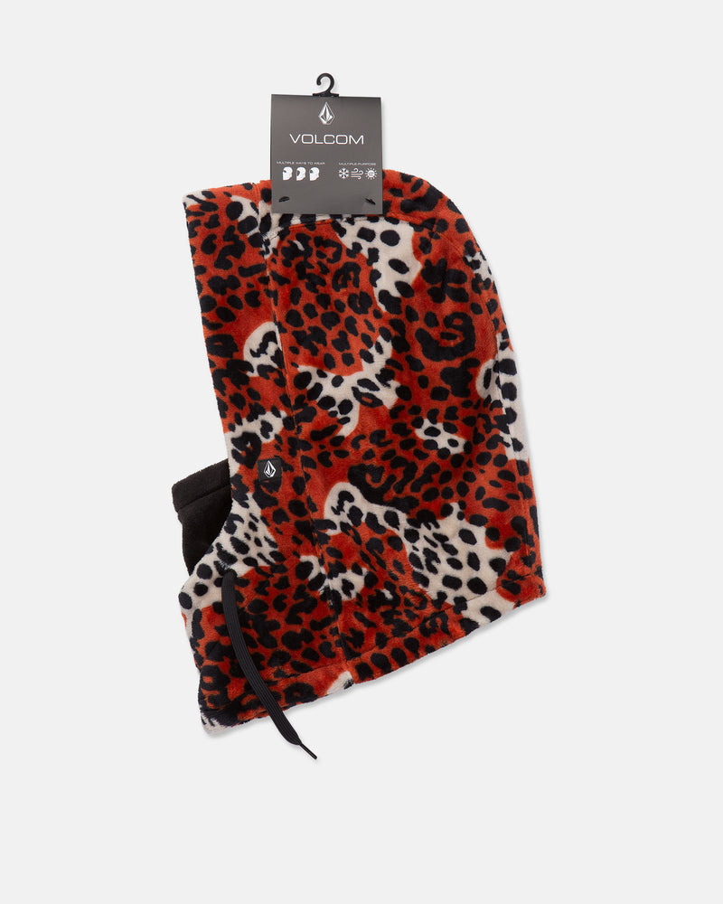 The Women’s Dang Hood by Volcom, featuring a red, black, and white leopard print fleece and black drawstrings, designed for cold weather, is shown with a Volcom brand tag attached.