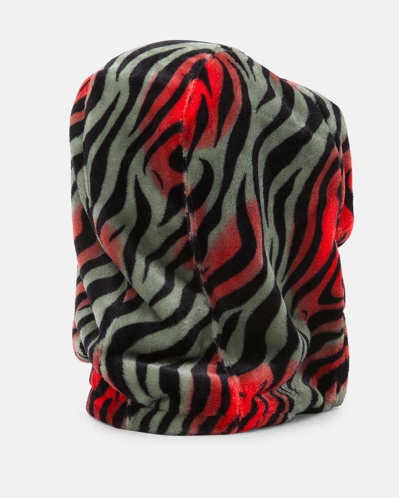The Volcom Women’s Dang Hood is crafted from soft, fuzzy fleece featuring black, red, and gray wavy tiger stripes on a white background—this cozy hood doubles as a neck warmer, delivering extra warmth and comfort in cold weather.