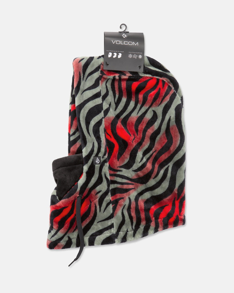 Introducing the Volcom Women’s Dang Hood: a cozy fleece-hooded scarf featuring bold black, green, and red zebra stripes. Designed for extra warmth in cold weather, this versatile accessory includes a front pocket and black drawstrings, allowing it to double as a neck warmer. The Women’s Dang Hood comes packaged with an official Volcom brand tag and hanger.
