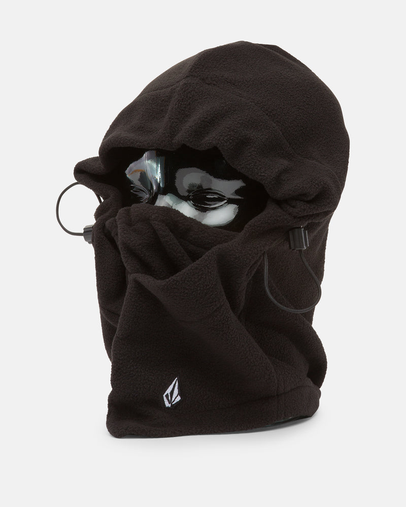The Volcom Women’s V.Scout Hood is showcased on a head-shaped mannequin, displaying its black pullover design with drawstrings on both sides and a small embroidered white logo near the bottom. This versatile hood for women doubles as a cozy fleece neck warmer, offering warmth and comfort in chilly weather.