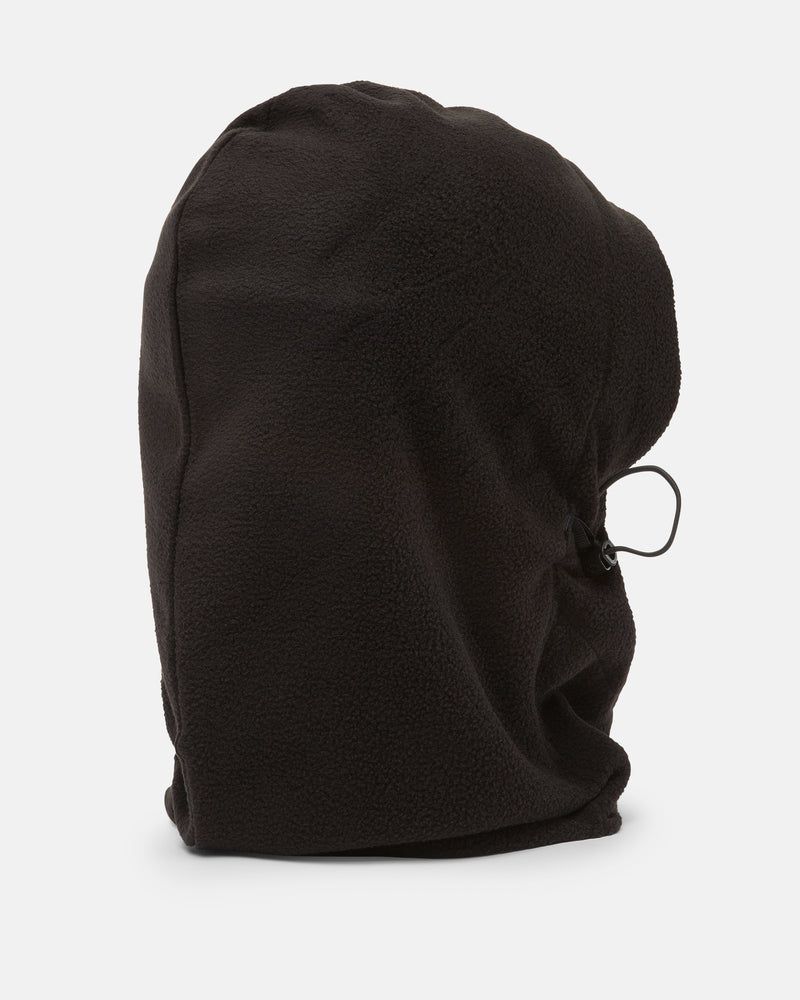 The Volcom Women’s V.Scout Hood is a black fleece balaclava with a side drawstring and a pull-over hood design, displayed from the rear side angle against a plain white background.