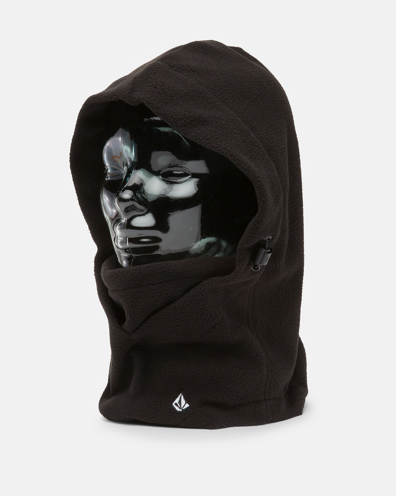A glossy black mannequin head displays the Women’s V.Scout Hood by Volcom, a black pull-over hooded face mask featuring a small logo near the base that also functions as a cozy fleece neck warmer for extra warmth.