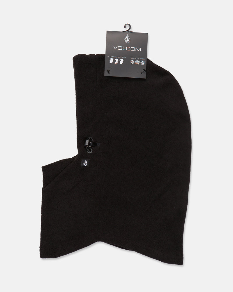 A black Volcom Women’s V.Scout Hood fleece balaclava with an adjustable drawstring is displayed flat against a white background. Designed as a pull-over hood and fleece neck warmer, this versatile accessory includes the product tag attached at the top.