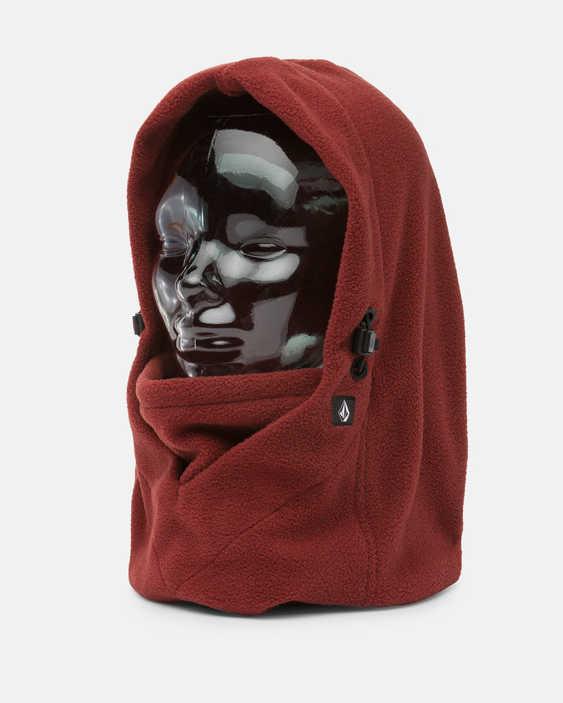 A glossy black mannequin head wears the Women’s V.Scout Hood by Volcom—a maroon pull-over hood featuring an adjustable toggle and a small logo tag on the side—set against a plain white background. This cozy fleece neck warmer provides both comfort and warmth, making it a functional yet stylish accessory.