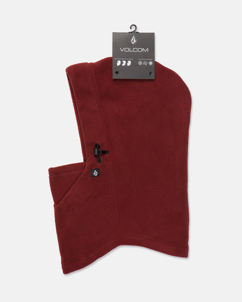 A maroon Volcom Women’s V.Scout Hood fleece pull-over with an adjustable toggle drawstring is displayed flat against a white background, featuring the product tag attached at the top.