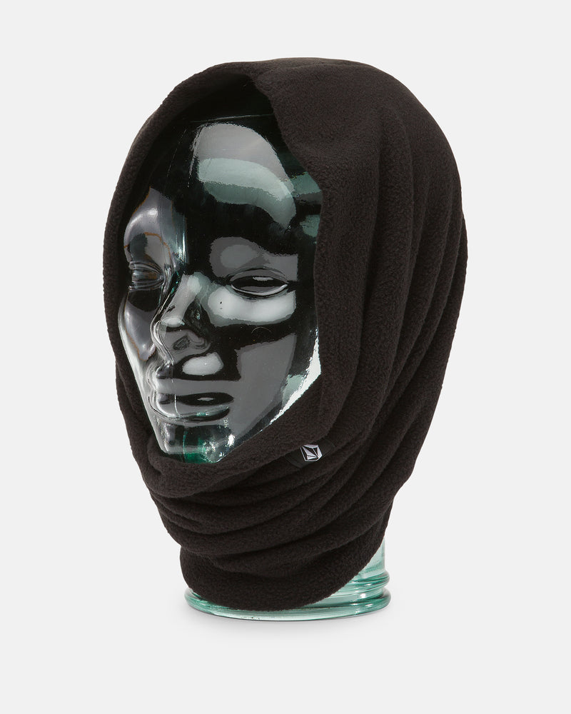 A Volcom Women’s V.Scout Neckband in black polyester fleece is displayed draped over a clear glass mannequin head against a plain white background, providing extra warmth and comfort.
