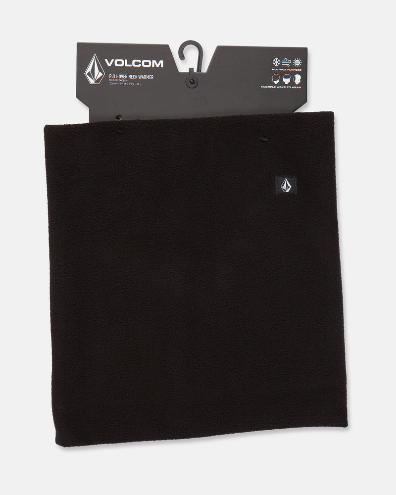 A Volcom Women’s V.Scout Neckband, crafted from soft polyester fleece for warmth and comfort, is shown in black on a branded black cardboard hanger featuring the Volcom logo and product details at the top.