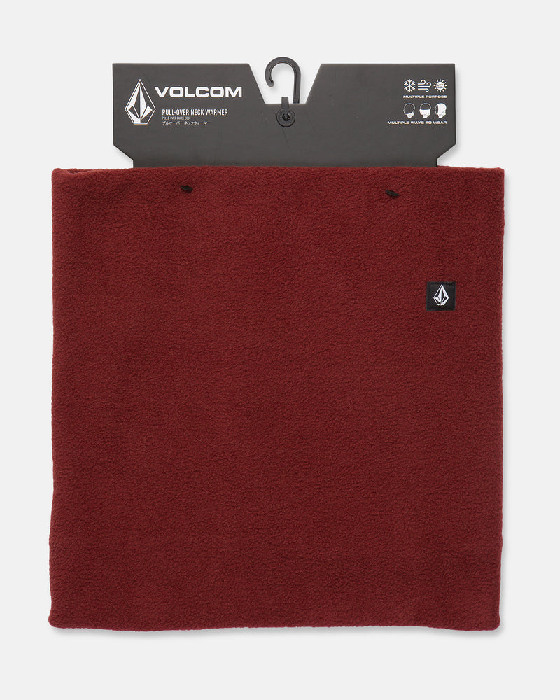 A maroon polyester fleece Volcom Women’s V.Scout Neckband is displayed on a black hanger, featuring a Volcom logo tag and product information at the top. Designed to provide exceptional warmth, this neckband offers comfortable protection during cold weather.