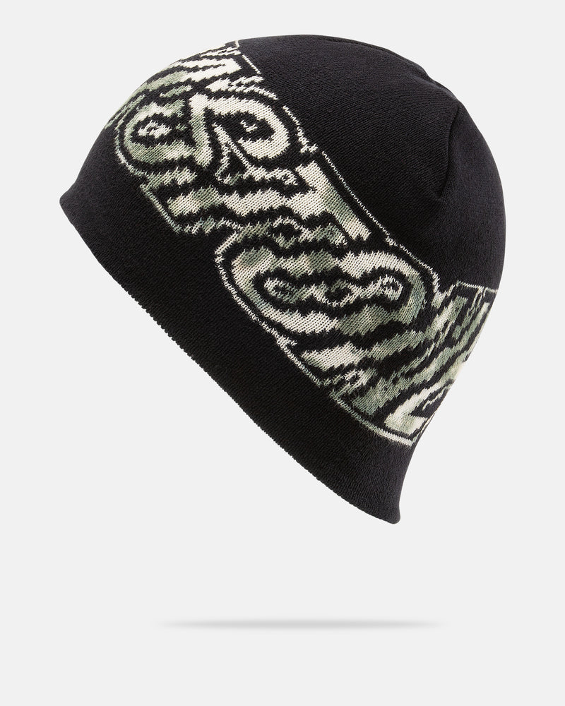 The Volcom Women’s Chill Skull Beanie in black showcases a striking, abstract gray and white graphic wrapping around the side. This stylish beanie is presented against a plain white background.