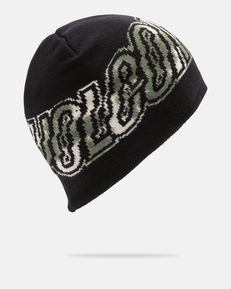 Introducing the Volcom Women’s Chill Skull Beanie—a black knit cotton hat showcasing a bold, graffiti-style “VOLCOM” graphic in white lettering outlined with green, wrapping around for standout comfort and edgy style. Perfect for women seeking both flair and coziness.