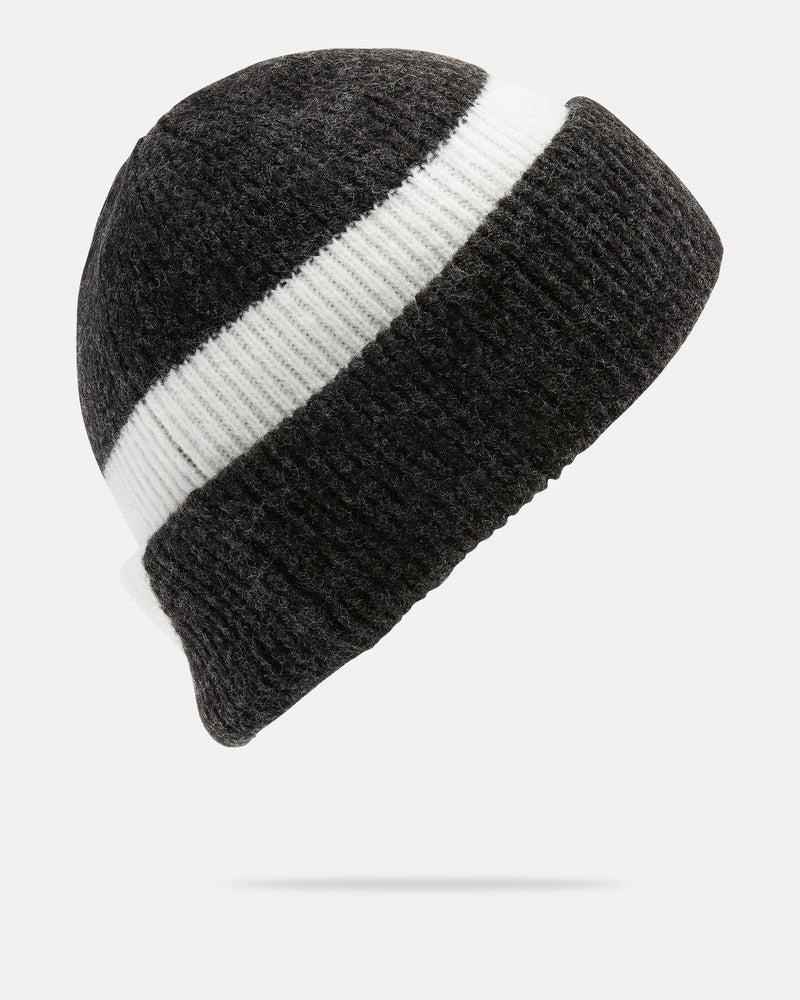 The Volcom Women’s 2Tone Beanie is shown on a plain white background. This beanie features a slouch fit in black with a wide white horizontal stripe around the center.