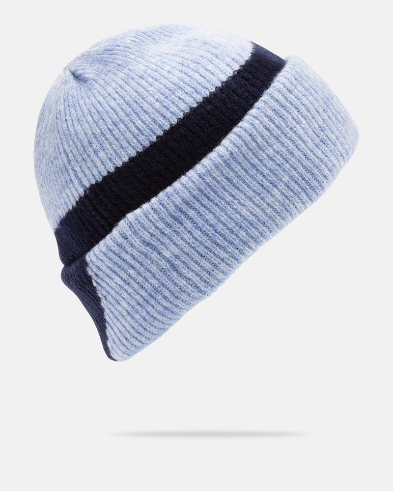 The Volcom Women’s 2Tone Beanie is crafted from recycled polyester and features a light blue hue accented with a thick dark blue horizontal stripe, shown isolated on a white background.