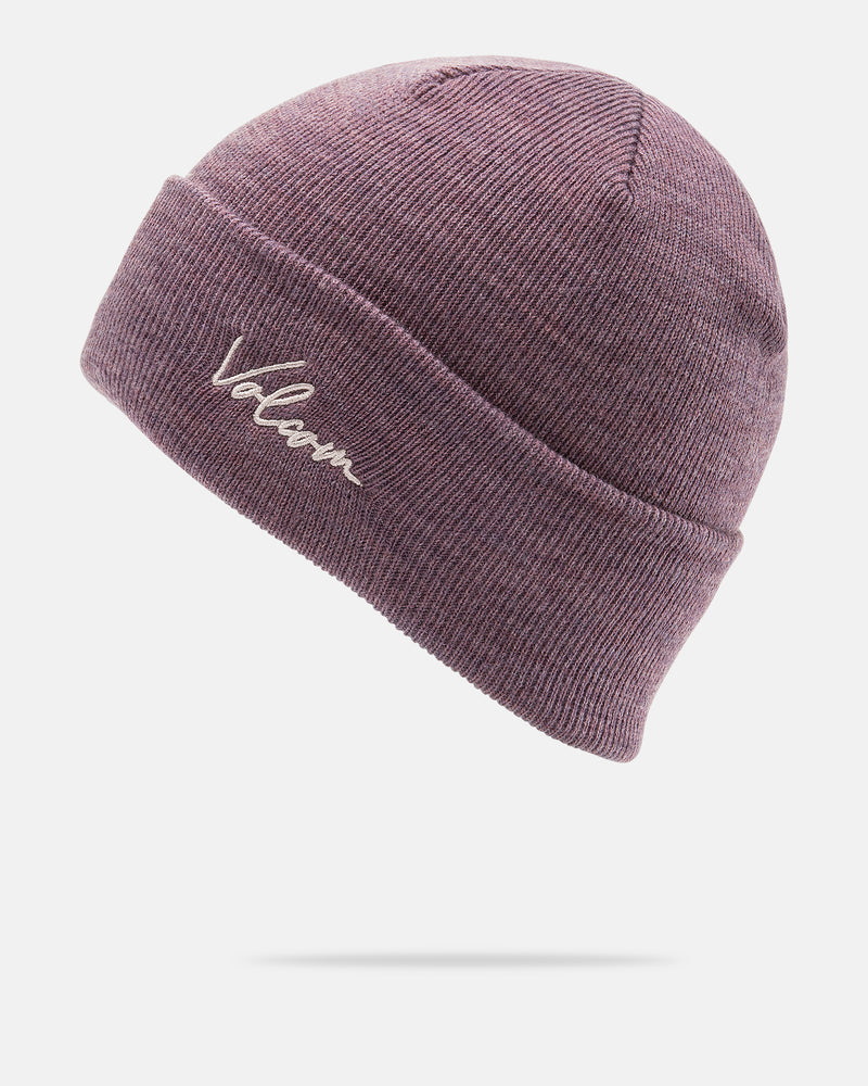 A purple knit beanie with a classic fit and a folded brim, the Women’s Scripted Beanie by Volcom features the word “Velum” embroidered in bold white 3D lettering on the front. The beanie appears to float against a plain white background.
