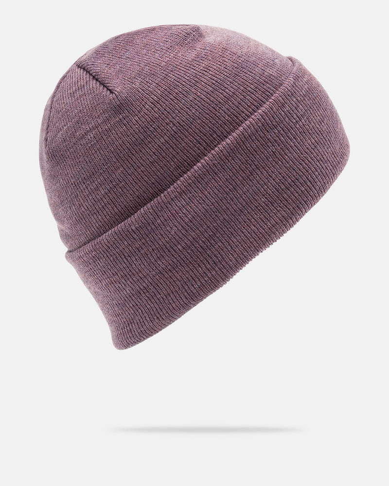 The Volcom Women’s Scripted Beanie in mauve is displayed on a plain white background, slightly tilted to the right. This classic fit knit beanie features a folded brim and subtle 3D embroidered details for an elevated touch.