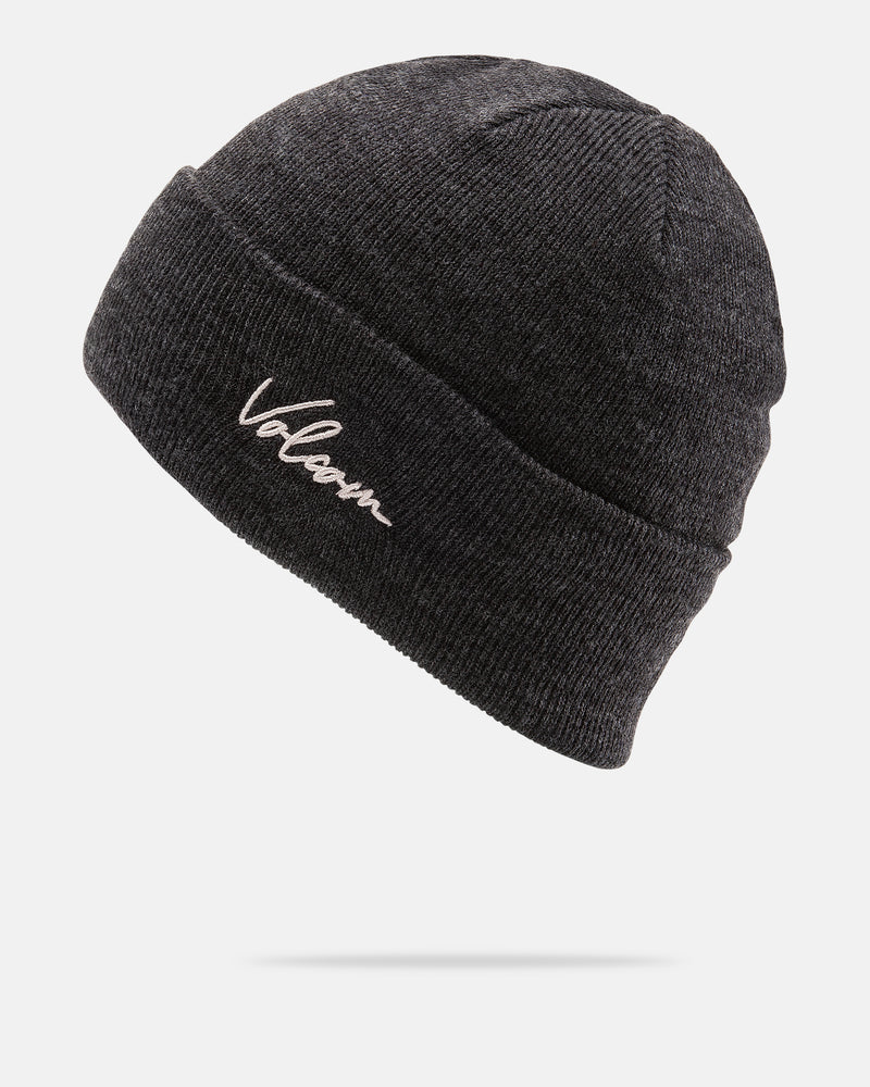 The Volcom Women’s Scripted Beanie is a charcoal gray knit beanie crafted for comfort, featuring bold white “Volcom” 3D embroidery on the folded brim, displayed against a plain white background.
